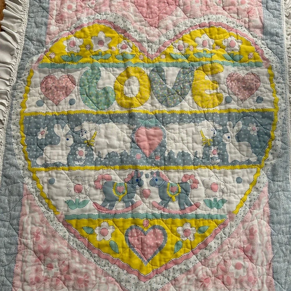 Vintage Quilted Baby Blanket Love Heart Bunnies Lambs Ruffle Trim Pastel 38x48